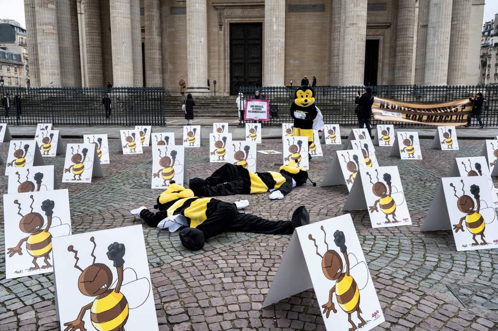 Protesters, disguised as bees, demonstrate amid placards in front of the Pantheon against the potential lifting of the ban on neonicotinoid pesticides that kill bees in Paris January 20, 2023.