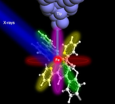 Color illustration of a beam of blue light striking a complex ring-shaped arrangement of molecules, w...
