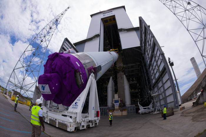 The Ariane 6 test model arriving at the European Spaceport in French Guiana